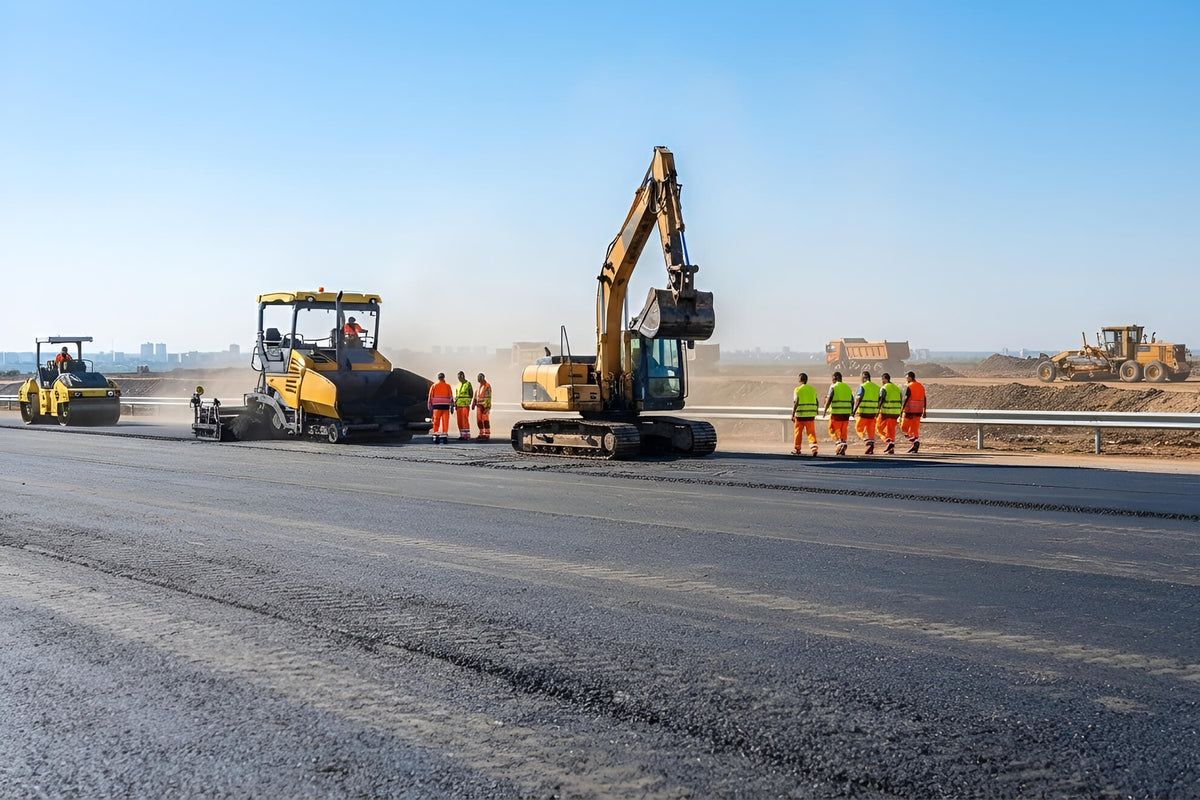 Construction scene on a road with yellow road machinery, including an excavator and asphalt rollers, along with several workers in high-visibility safety vests standing on the road under a clear blue sky.