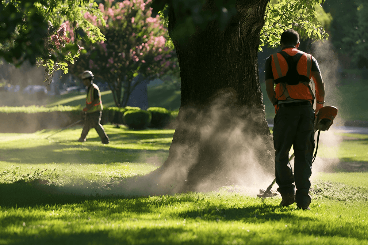 A landscaper wearing a high-visibility orange vest and dark clothing operates a string trimmer on a green lawn, kicking up dust near a large tree trunk. Another worker is visible in the background under bright sunlight.