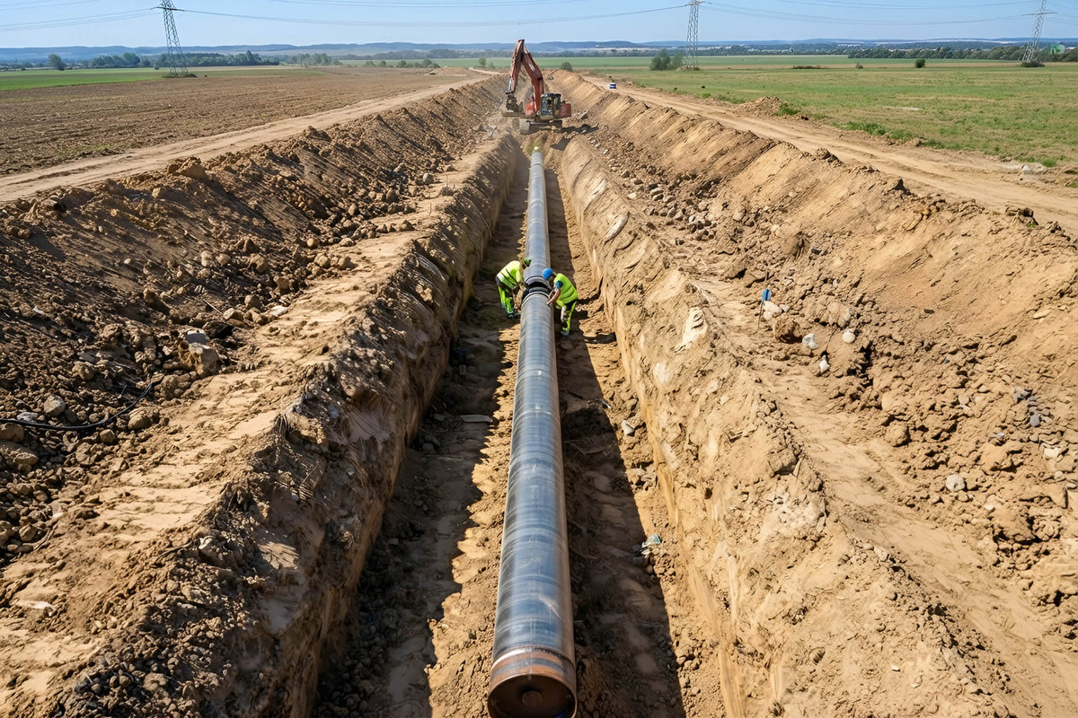 A large black industrial pipeline runs through a deep trench in an open field, with construction workers in high-visibility clothing nearby and heavy machinery in the distance.