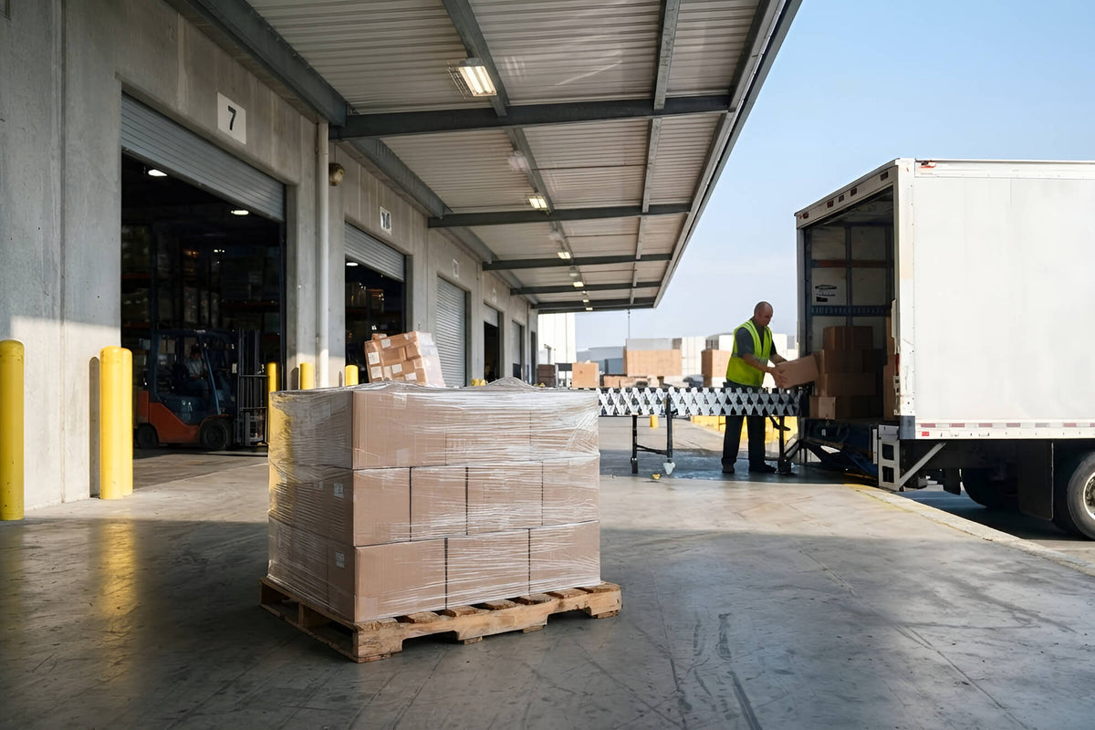 A large brown cardboard pallet wrapped in clear plastic sits on a concrete loading dock next to a white delivery truck, with a worker in a high-visibility vest loading boxes into the truck.