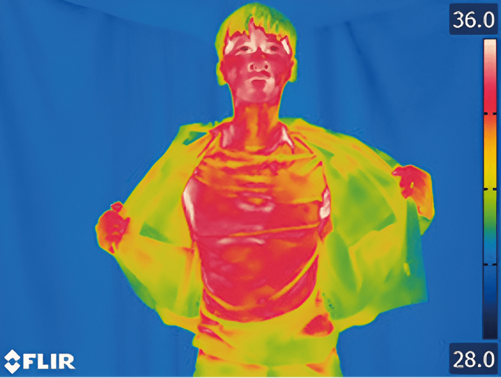A thermal infrared heat map of a person wearing a bright yellow-green rain poncho over a red and orange heated torso, with a blue background and a FLIR logo and temperature scale.